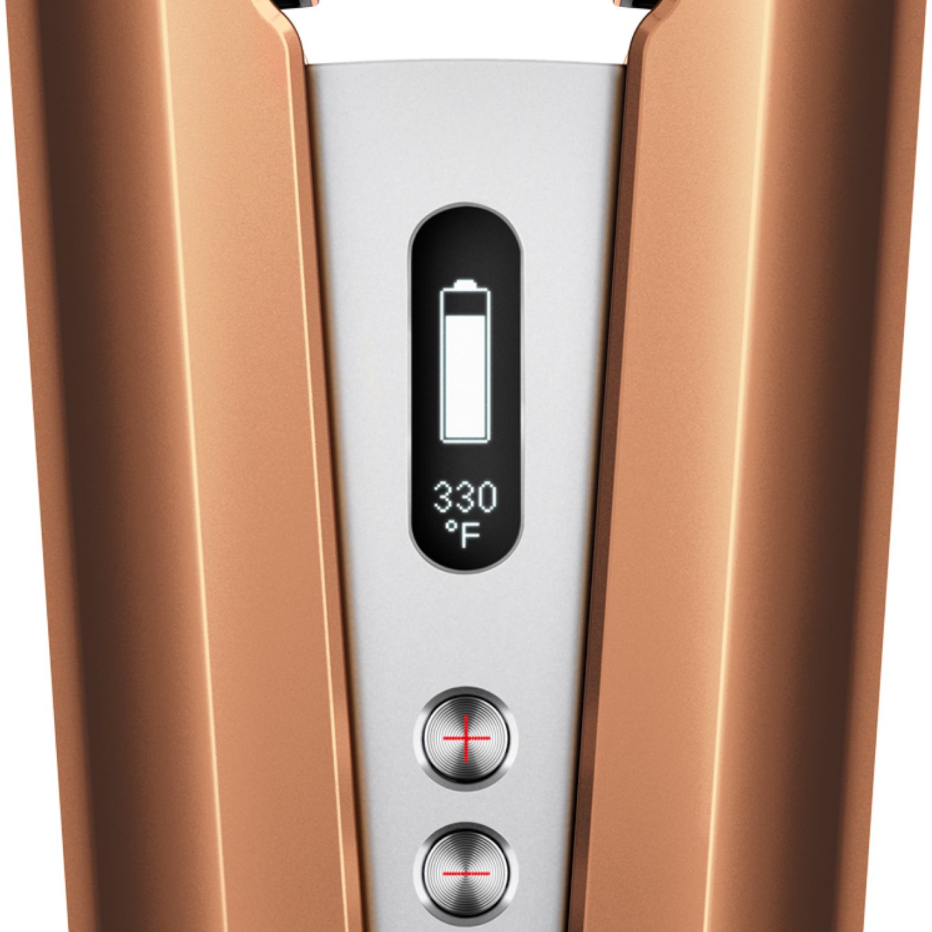 Close-up of the OLED screen. Dyson Corrale OLED screen displaying battery level